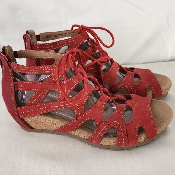 Earth Origins Kendra Red Lace Up Gladiator Sandals Open Toe Wedge 9.5M - Picture 3 of 6